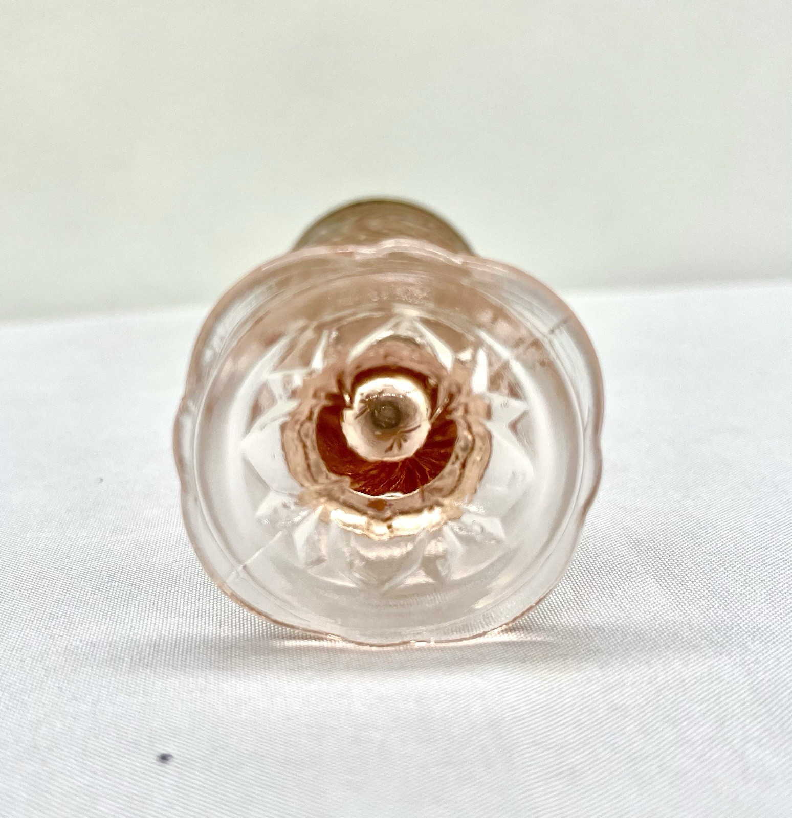 Vintage Pink Depression Glass Footed Salt Pepper Shaker Floral Panel Metal Lid