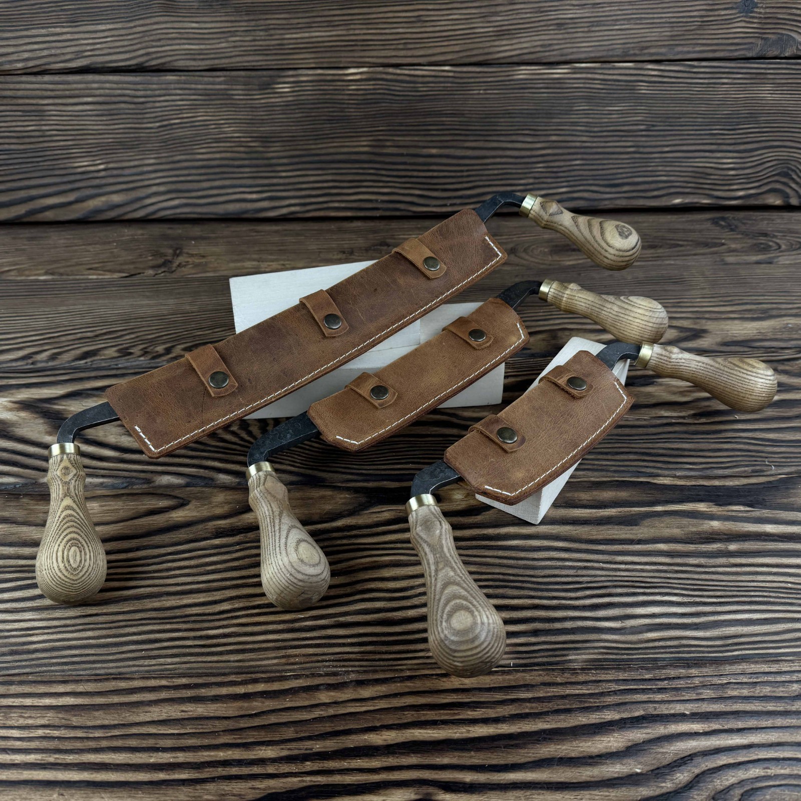 Straight Drawknife Hand-Forged 3-piece Set Ash Handles Steel Blades Gift.