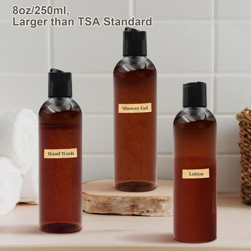 6 Pack 8 oz Amber Plastic Squeeze Bottles with Black Disc Caps Refillable Empty