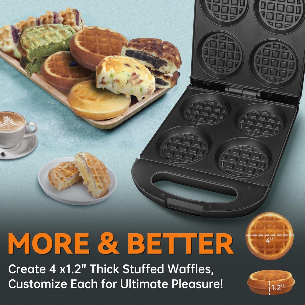Multi Stuffed Waffle Maker Thick, 4-Slice with 1.2'' Thick & 4'' Dia, Belgian...