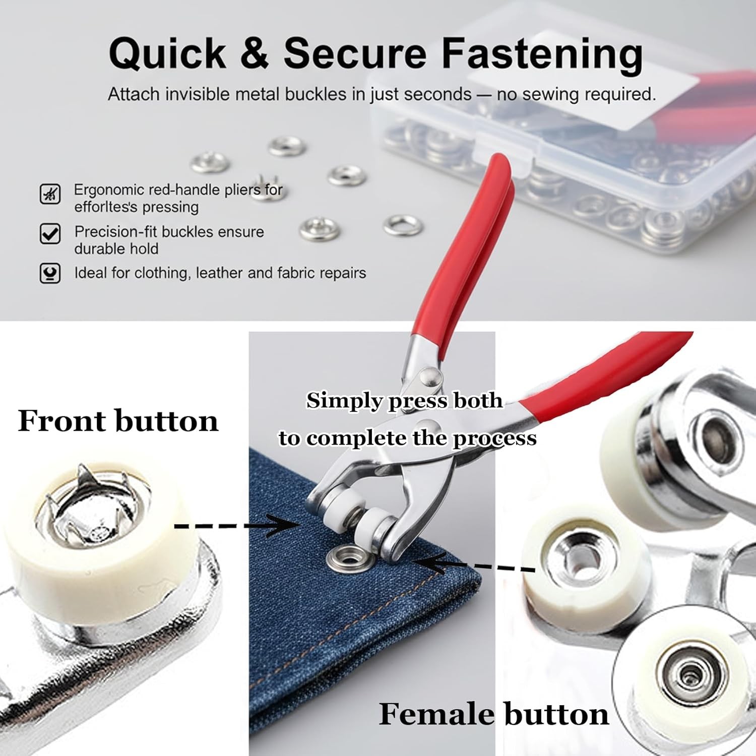Sewing Kit with 100PCS Invisible Colored Metal Buckle & Manual Pressure Pliers