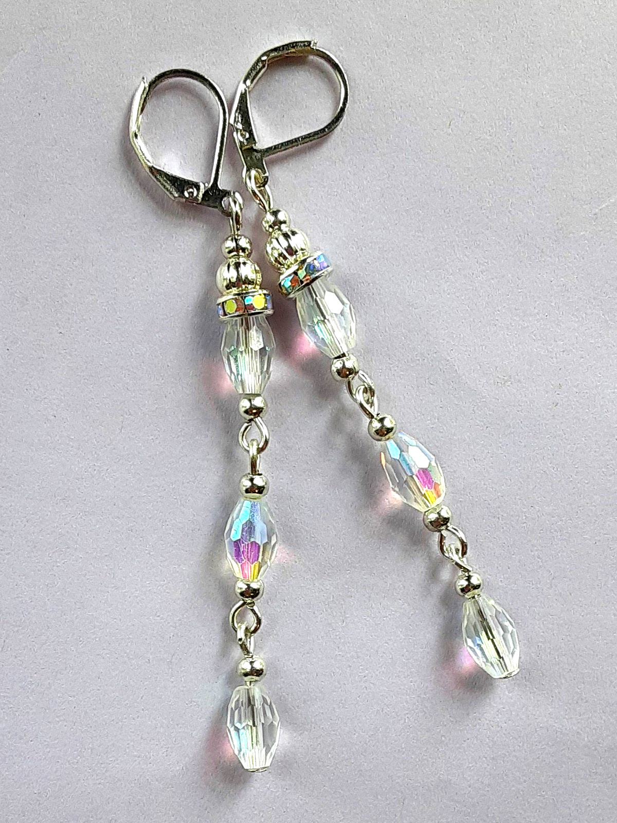 faceted CLEAR CRYSTAL & AB RING dangle earring SP LEVER BACK handcrafted XCBA