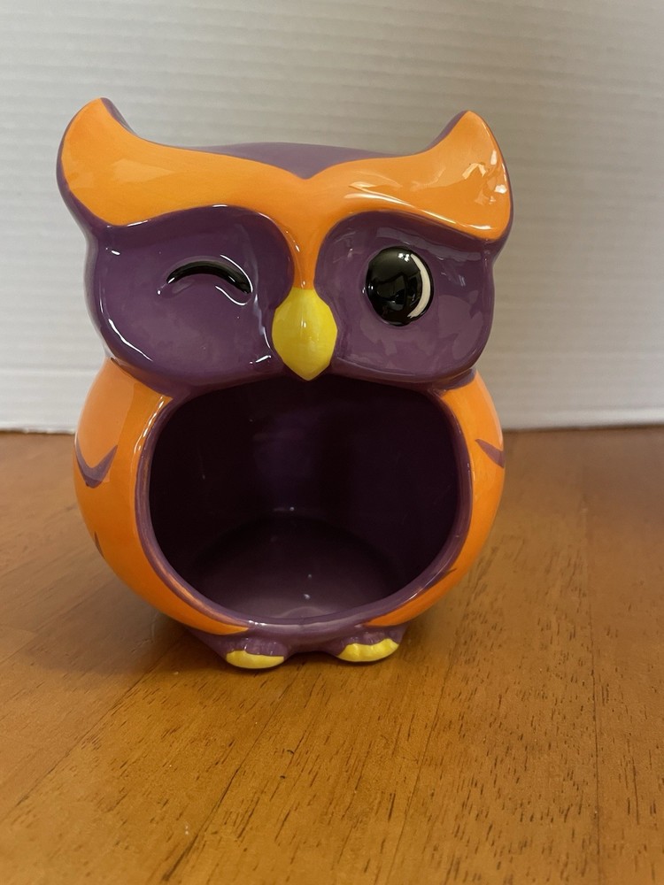 Purple/Orange Earthenware Owl Sponge Holder Open Candy Dish EUC