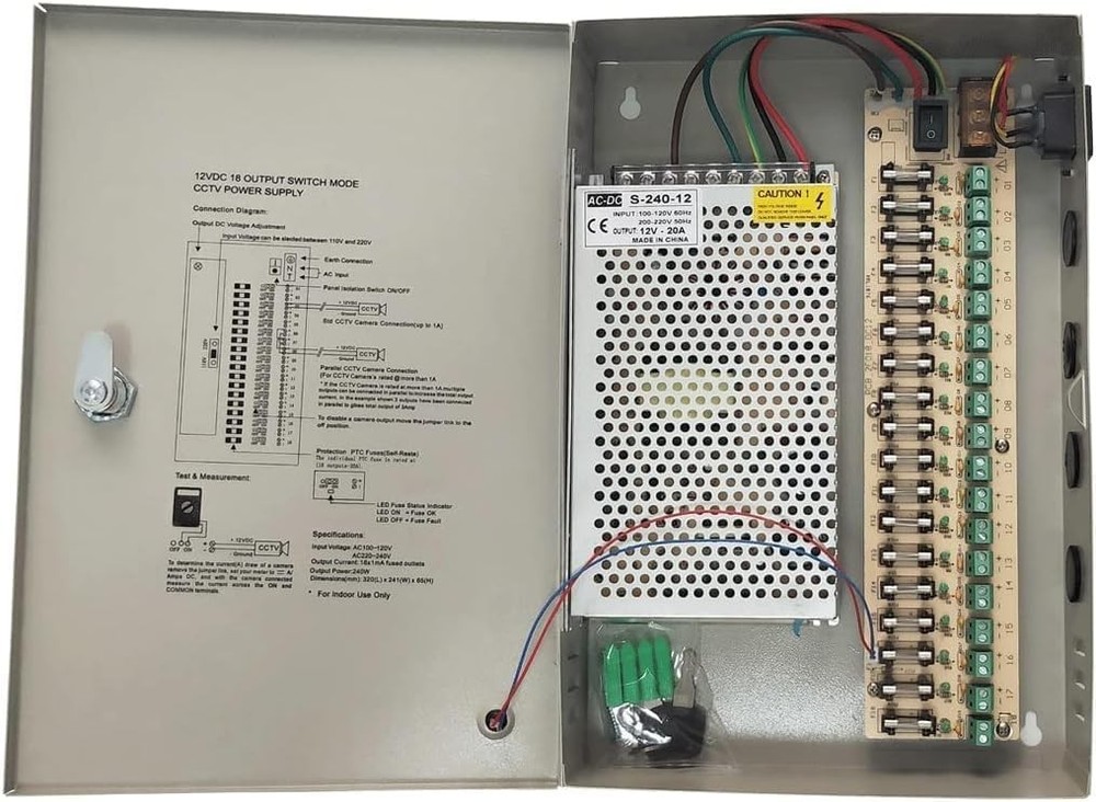 18 Channel 12V Power Supply Box - 20A Distribution for CCTV Security Systems