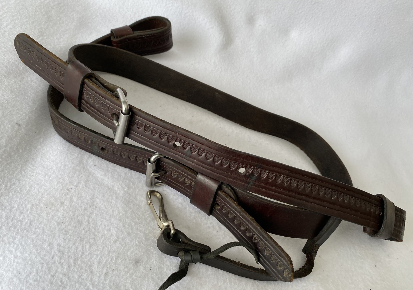 CIRCLE Y Shell TOOLED Walnut Leather Back Flank Cinch & Billet SET~LIGHTLY USED