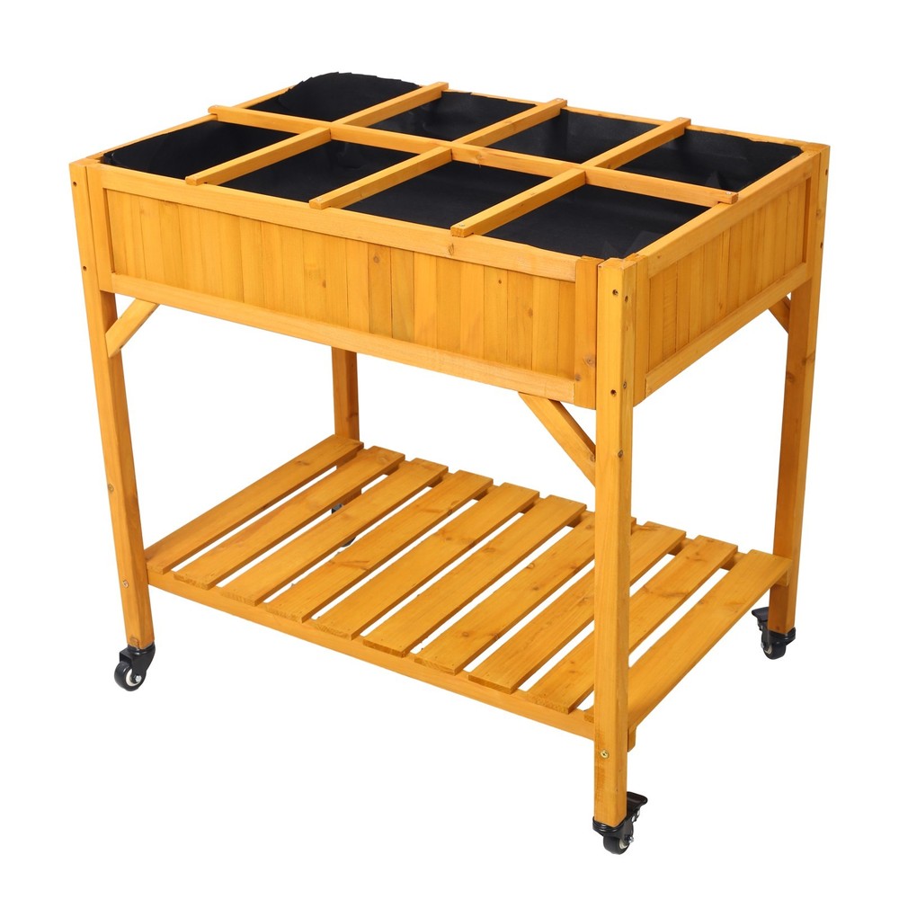 Mobile Elevated 8-Pocket Wood Planter w/ Lockable Wheels & Storage Shelf