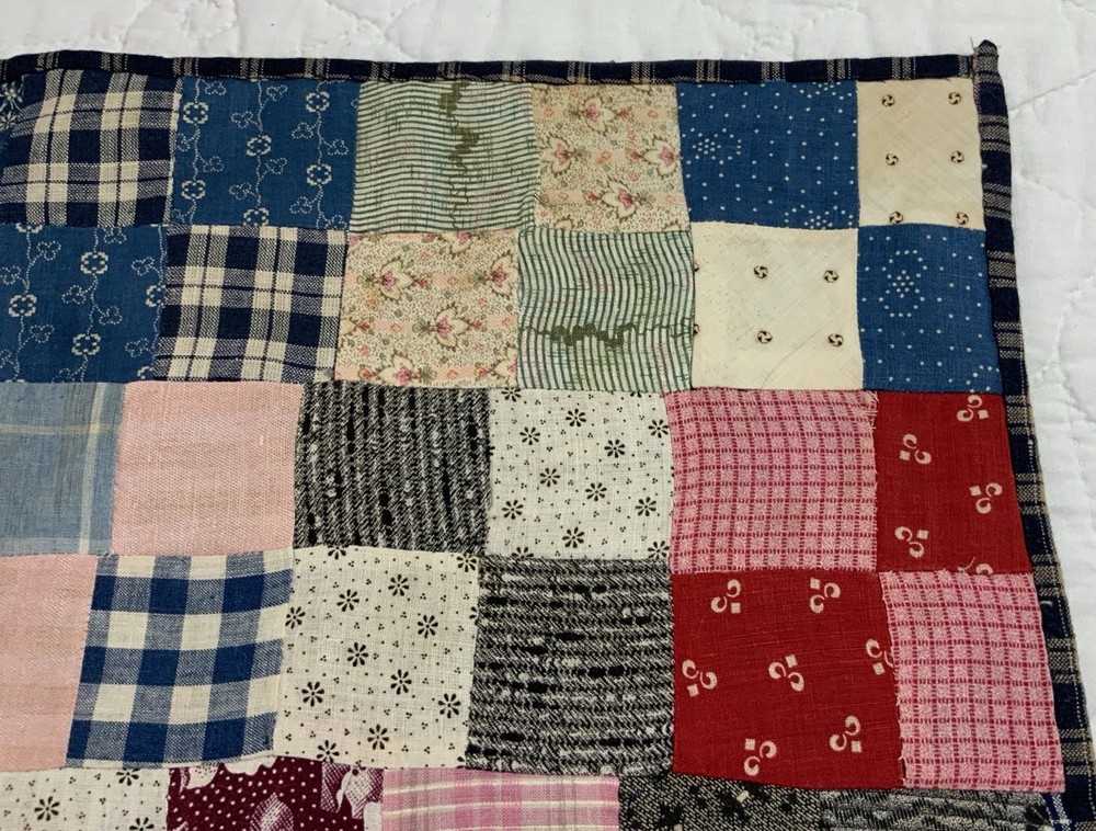 Antique Patchwork Quilt Table Topper, Rectangle, Four Patch, Early Calico Prints