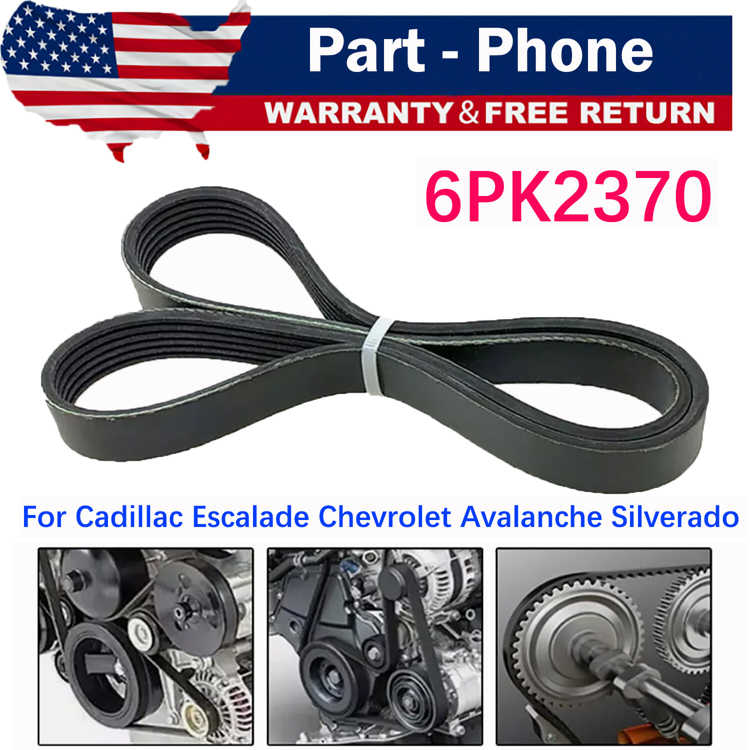 EPDM Serpentine Belt 6PK2370 for Cadillac Escalade Chevrolet Avalanche Silverado