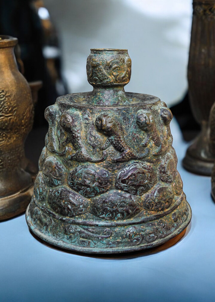 Islamic Mamluk Candlestick Base, Embossed and Engraved Bronze, Middle Eastern