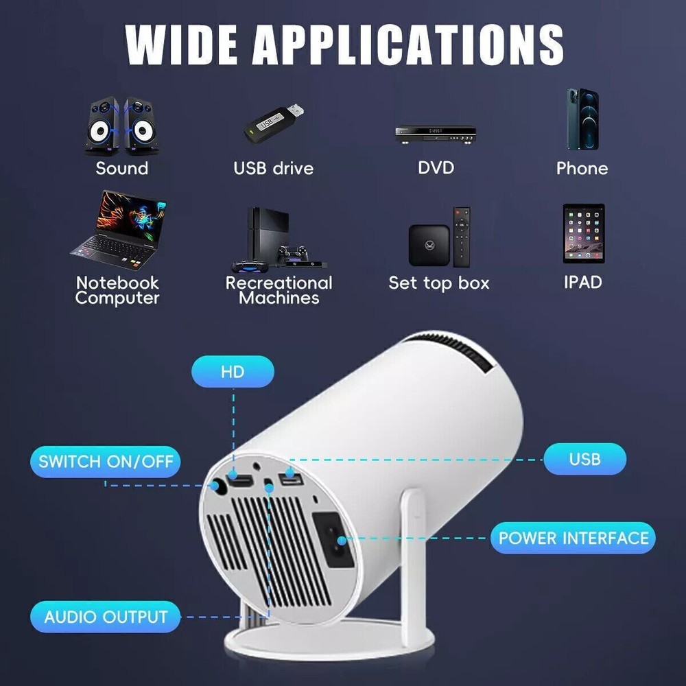 Portable 4K Android Smart Projector 5G WiFi Bluetooth Mini Home Video Theater