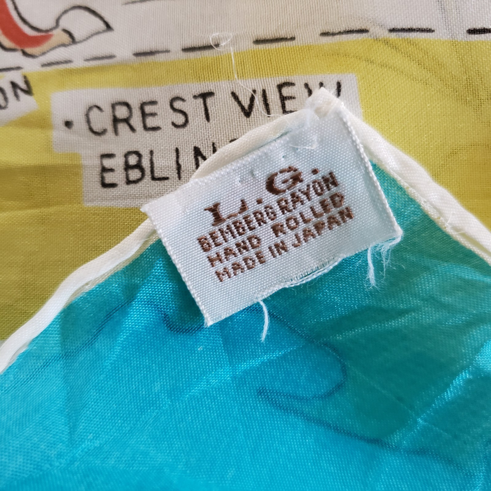 Vintage MCM Florida Map Scarf Rayon Turquoise Blue Hand Rolled Japan 30"X30"