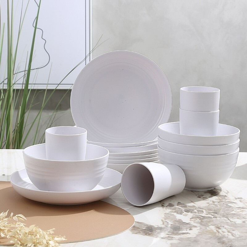 32-Piece Kitchen Plastic Wheat Straw Tableware Set, Unbreakable Service for 8