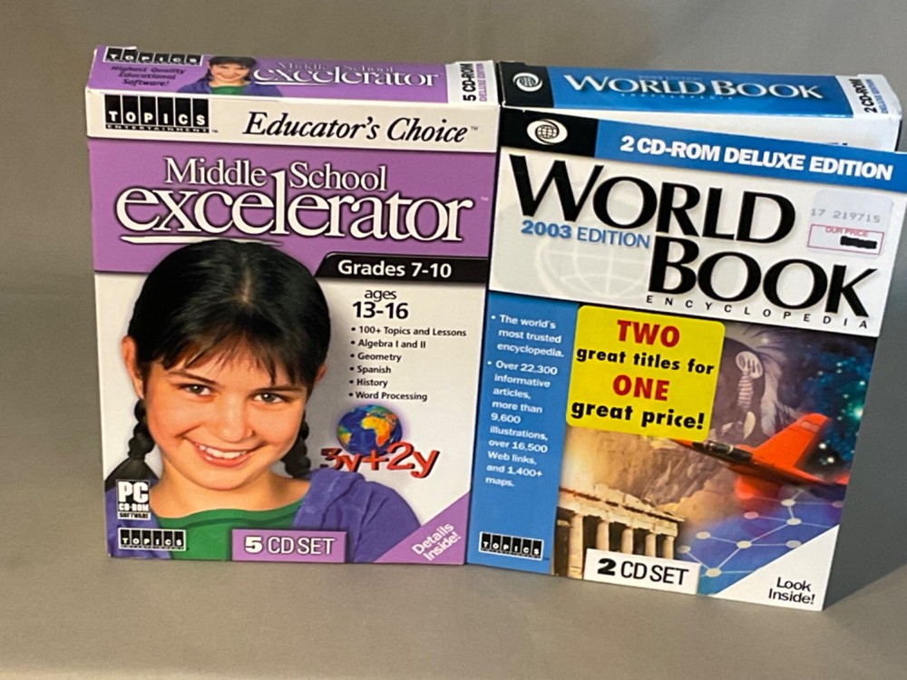 World Book 2003 Deluxe Edition 2-CD Set & Middle School Excelerator 5-CD Set NEW