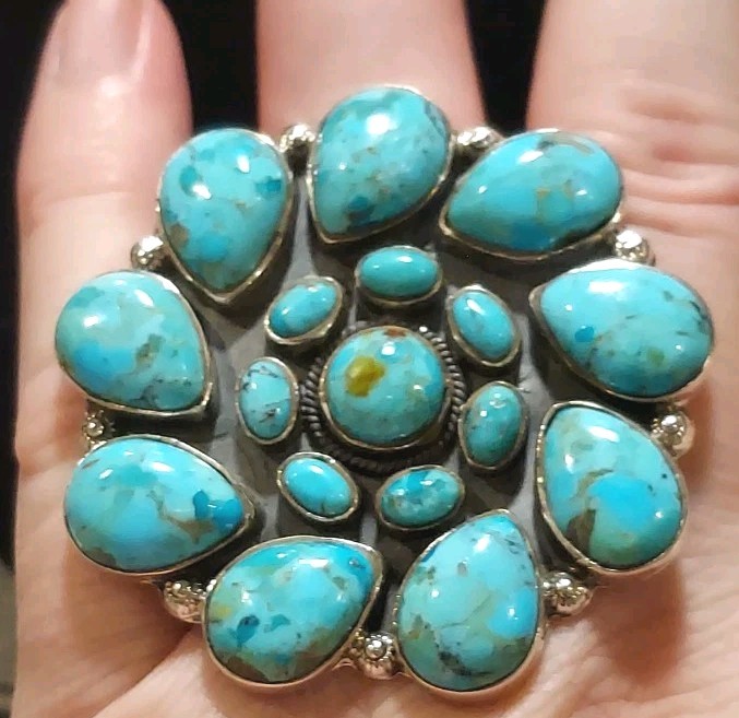 New HUGE Sterling Silver & Mojave Turquoise Round Cluster Adjustable Ring