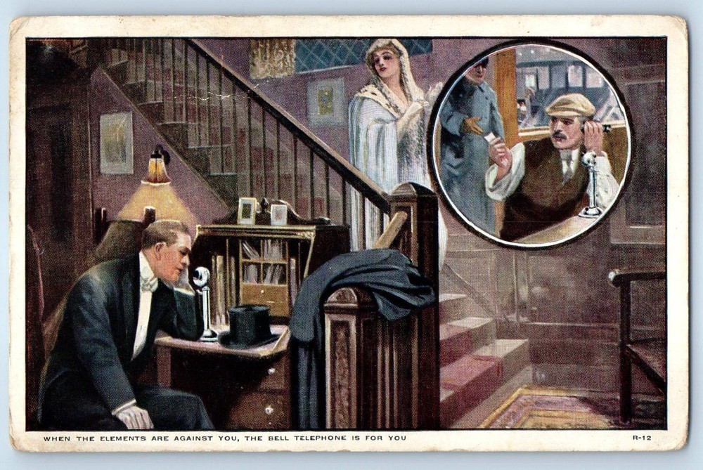 c1905 Men Using The Bell Telephone Advertising Unposted Antique Postcard