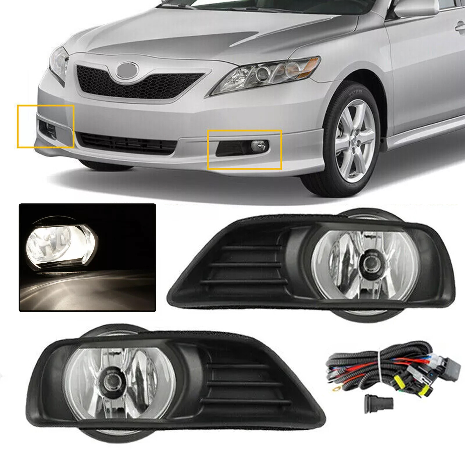 Pair For 2007-2009 Toyota Camry Clear Front Bumper Fog Lights Lamps Assembly