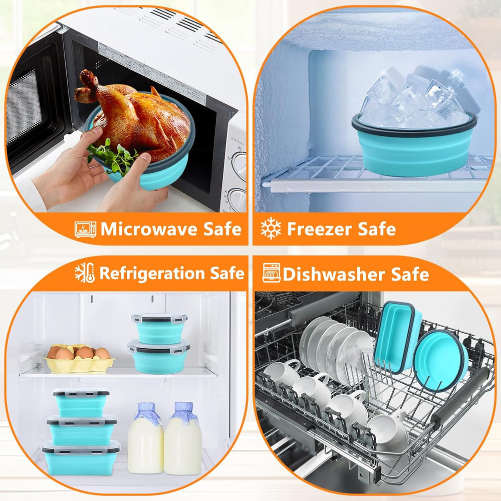 Collapsible Food Storage Containers with Lid & Air Vent, 4 Pack Rectangular Fold