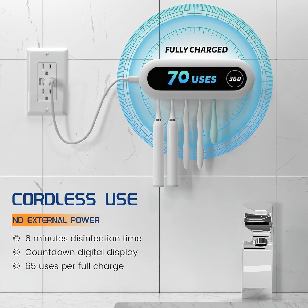 Toothbrush Holder, 5 Toothbrush Slots & Timer Function, Cordless Wall Mounted...