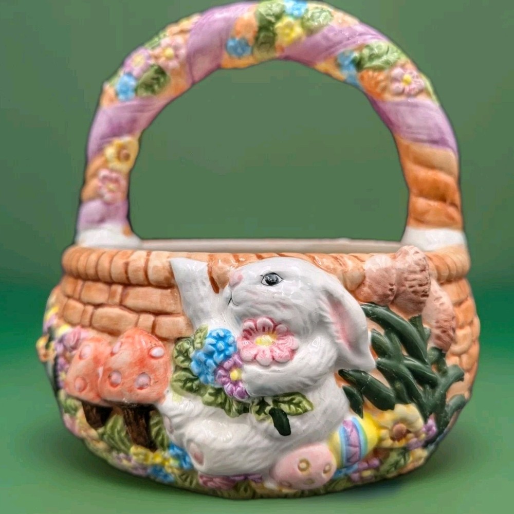 Ceramic Easter Bunny Basket Colorful WCL 7" Tall Decorative Figure & Easter Eggs