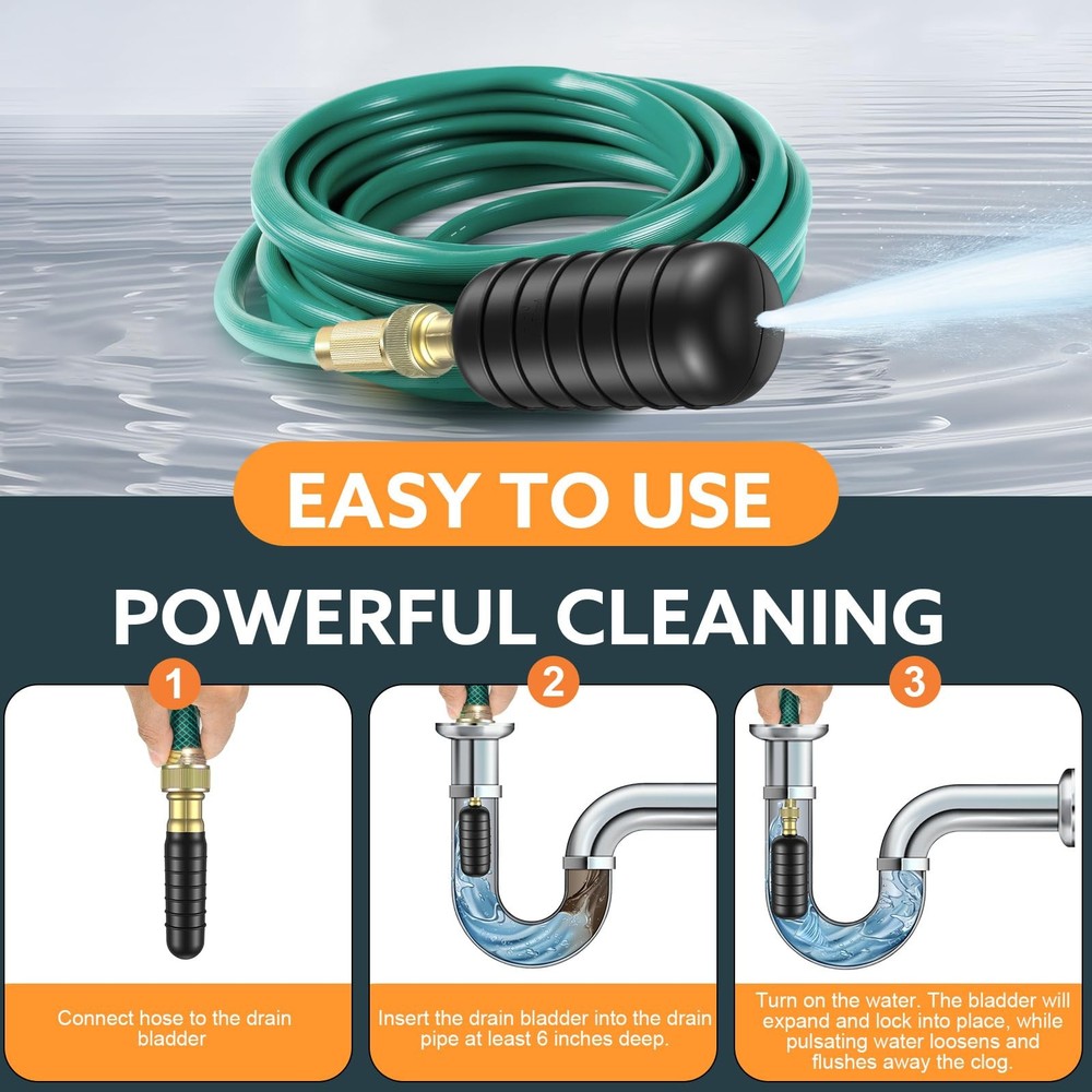 3PCS Drain Bladder Kit Water Powered Pipe Cleaner Fits Drain Clog Remover