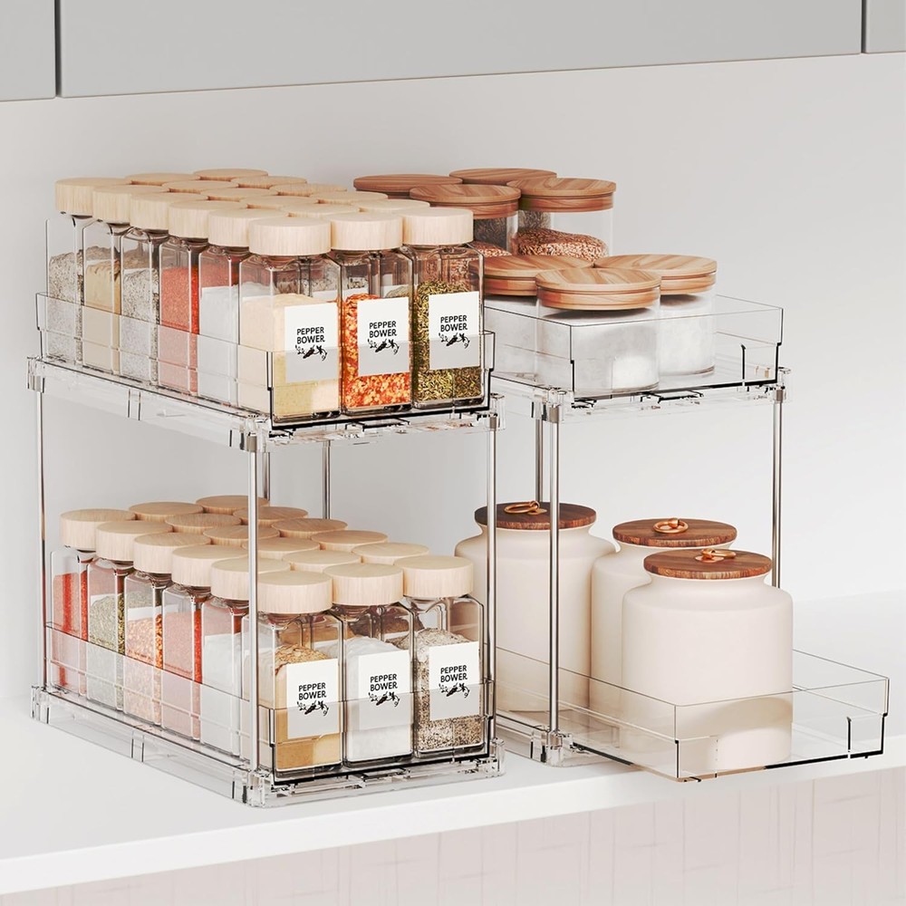 2 Pack 2 Tier Vertical Spice Rack Pull Out,10.4'' Deep Narrow Slide Out Spice