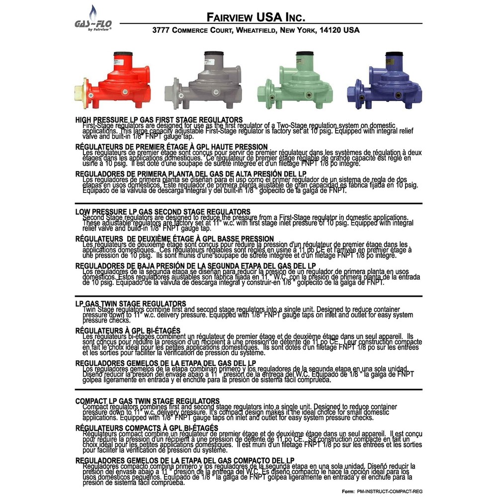 Fairview GR-92812C Compact Second Stage Low Pressure Propane Regulator