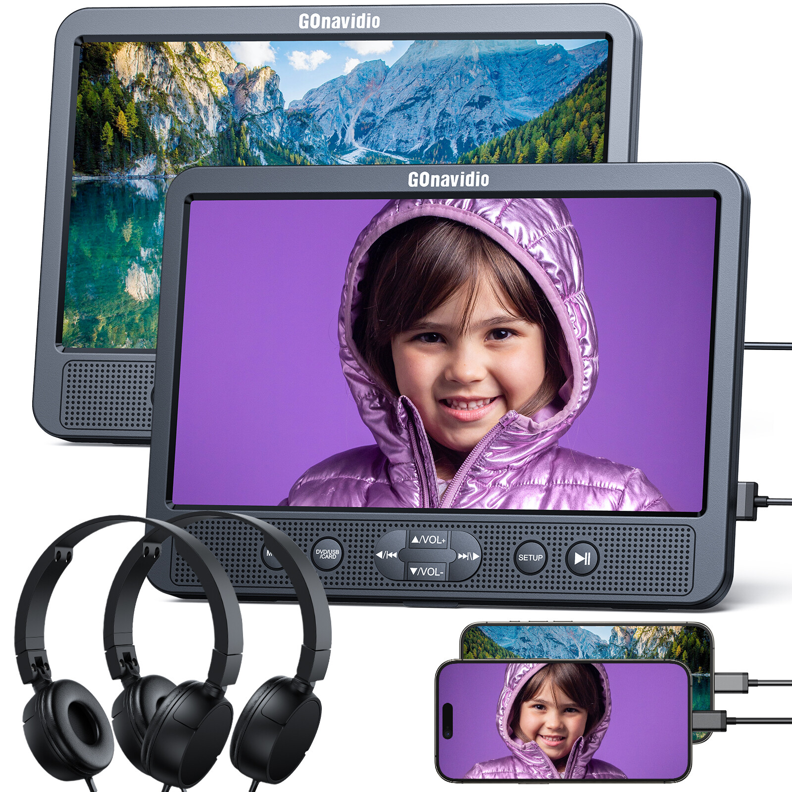 2X10.5" Full HD Car Headrest Portable DVD Player USB SD HDMI Monitor W/ Headsets