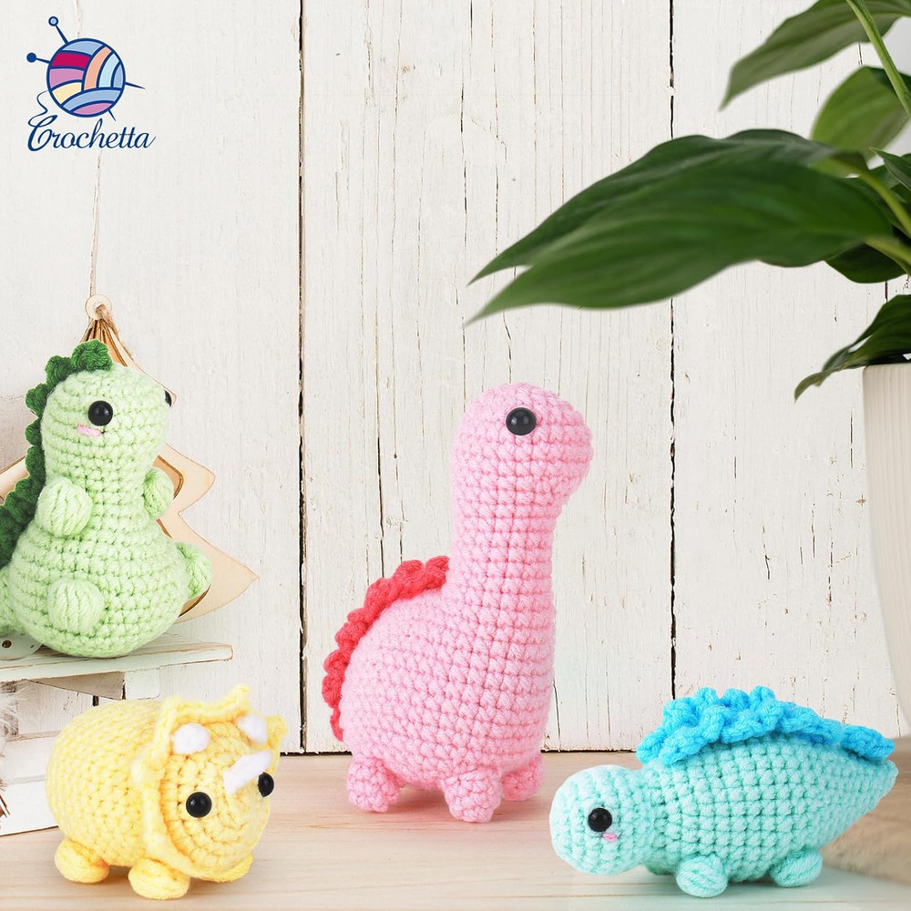Beginner Crochet Kit with Video Tutorials - 4 Pack Dinosaur Patterns