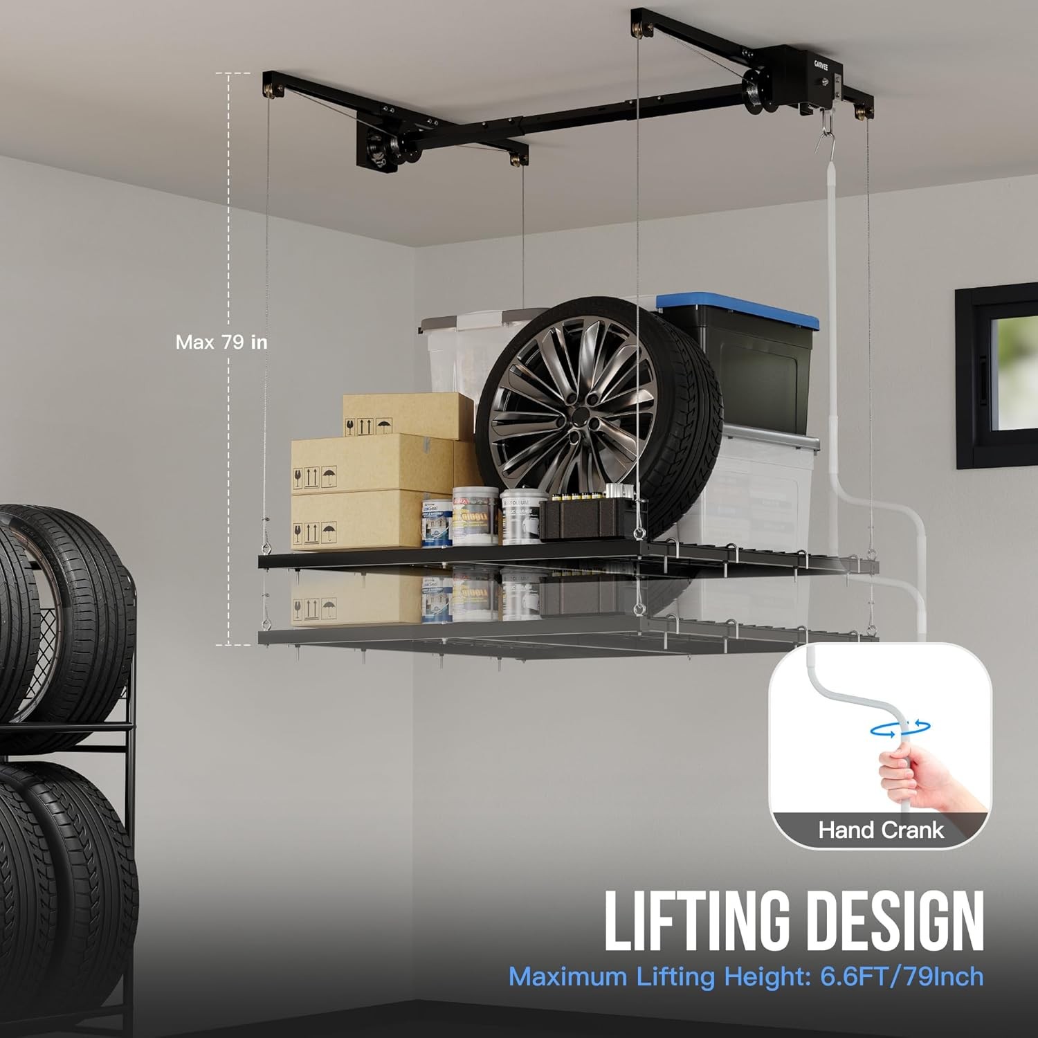 Overhead Garage Storage Rack Lift 350lb Capacity Adjustable Height Ceiling Mount