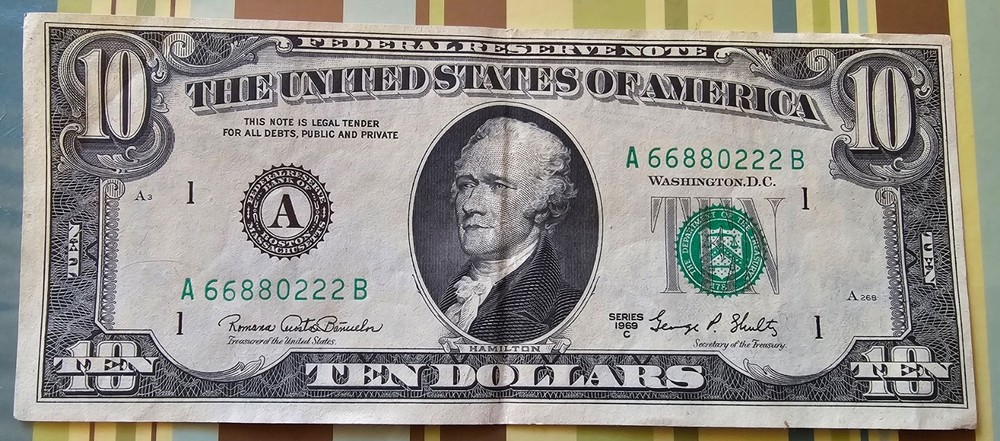 $10 bill 1969c off center front and back with seal misalignment error