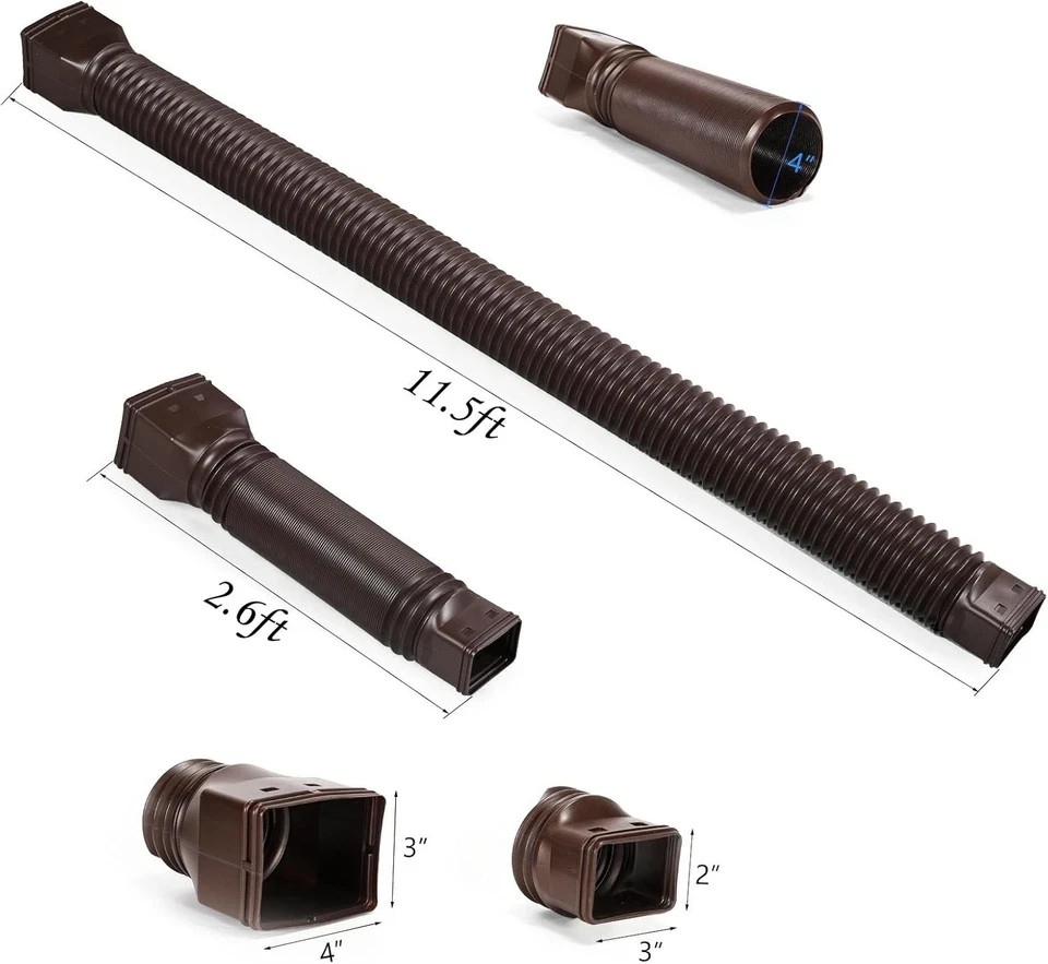 11.5ft Long Gutter Downspout Extensions Flexible, Drain Brown