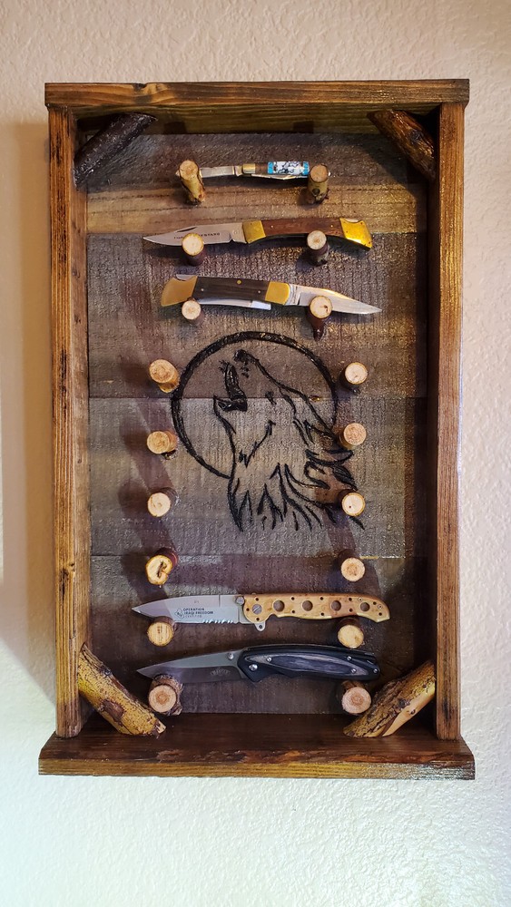 Rustic Wood Pocket Knife Display Case - Howling Wolf image - #151