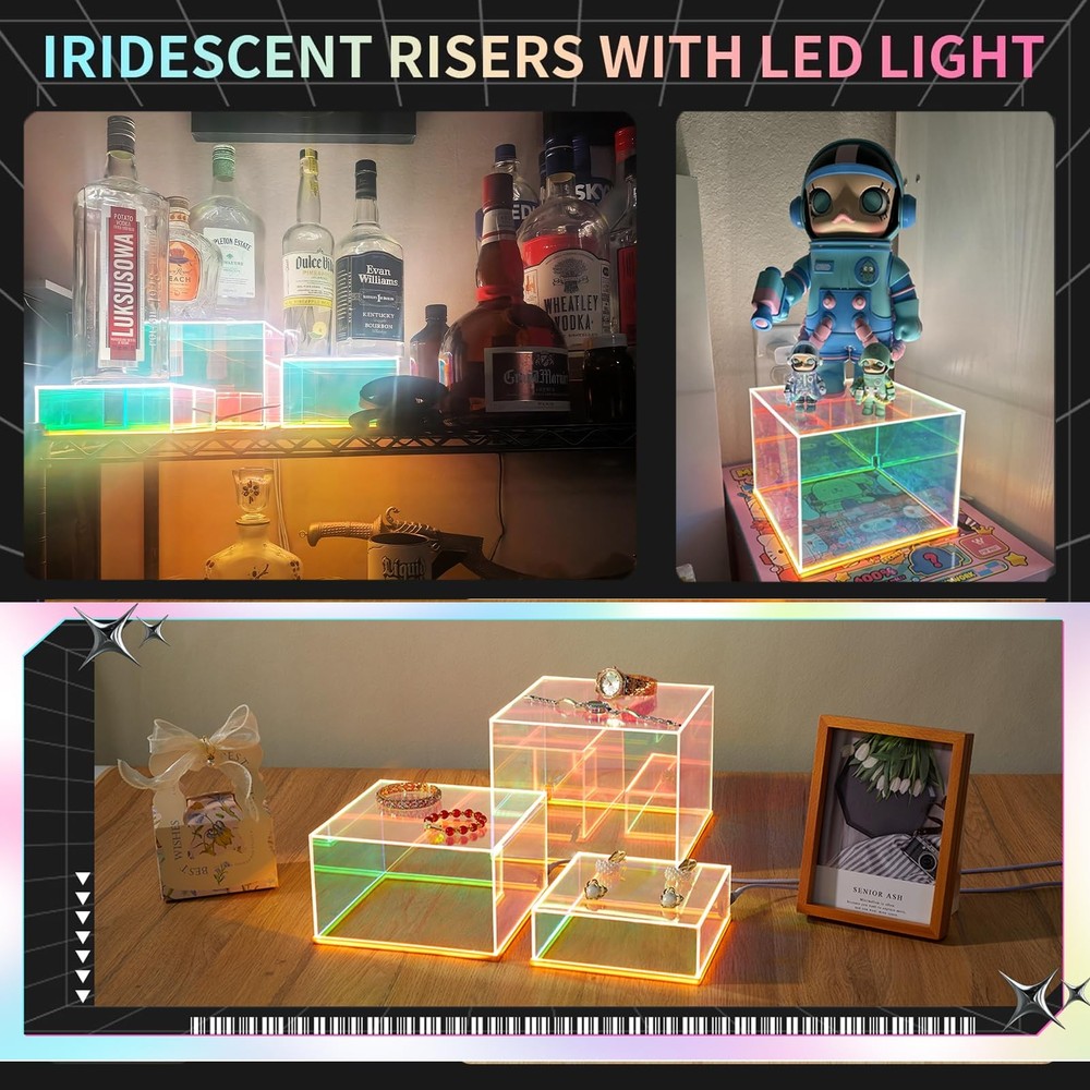 3Pcs Iridescent Acrylic Display Risers with light Plug and Play, Lighted Stac...