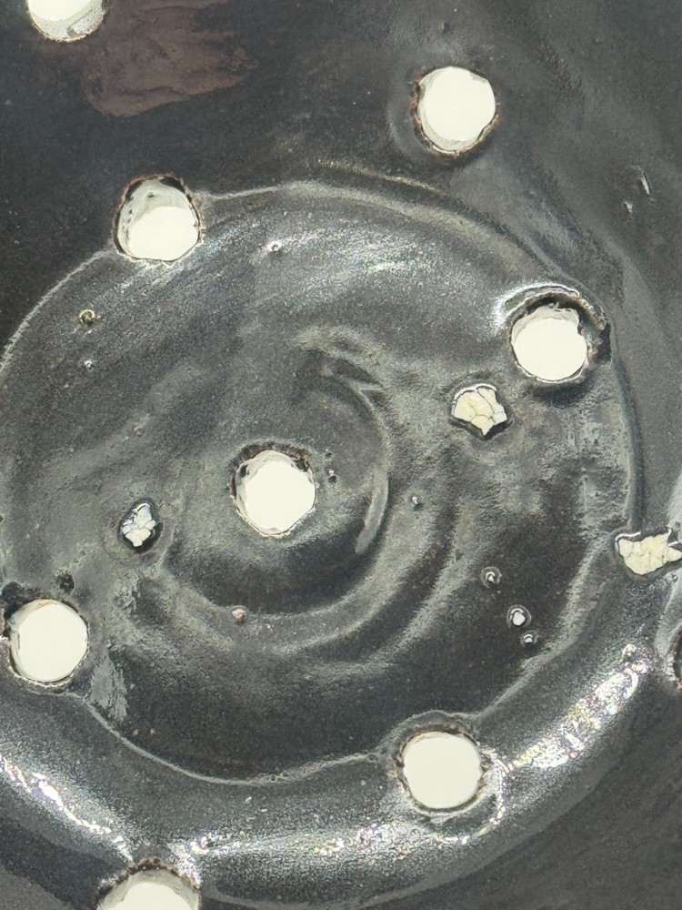 Studio Art Pottery Berry Strainer Colander Black Speckled Signed