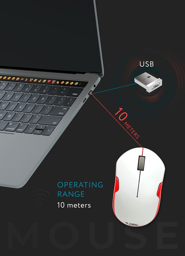 SHHHMOUSE – Wireless Silent Optical Mouse with USB Receiver and White/Red