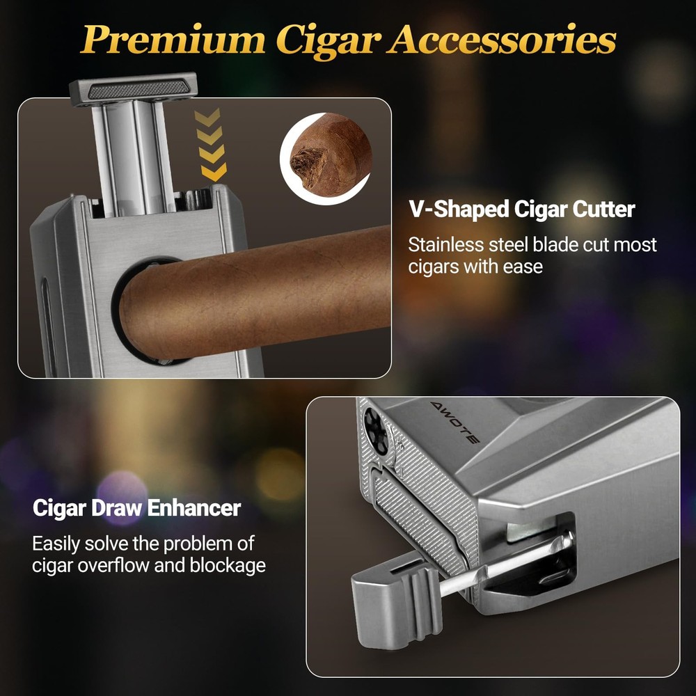 Cigar Lighter with Double Jet Flame, Refillable Cigar Torch Lighter with Ciga...