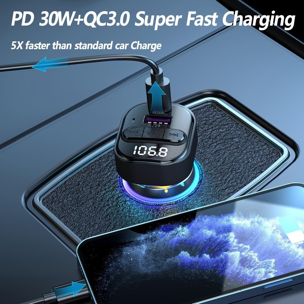 Smart Bluetooth 5.3 FM Transmitter with Fast Charging & Noise Cancellation