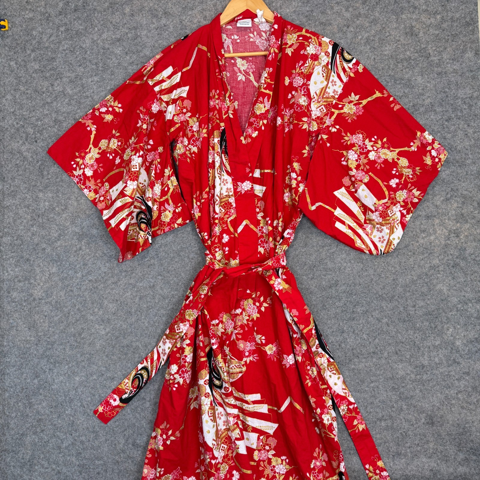 Vintage Smithsonian Institution Japanese Yukata Kimono XL Cherry Blossom Belted