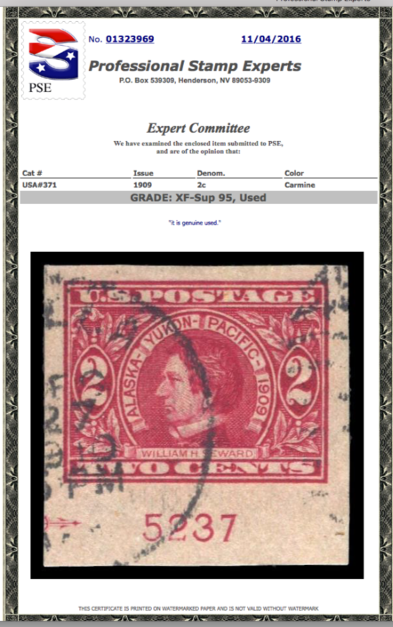 #371 Used Plate # Single, PSE Graded 95, PSE Cert # 01323969