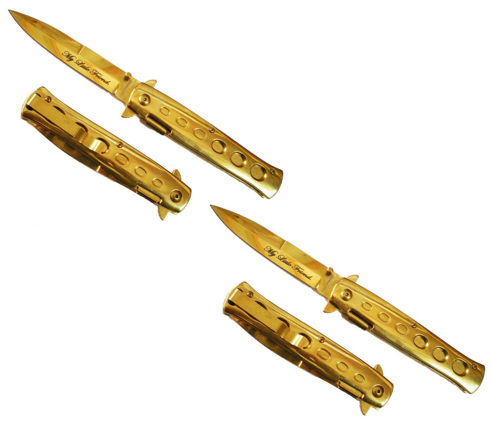 TWO Scarface Tony Montana My Little Friend ALL GOLD Blade Godfather POCKET KNIFE