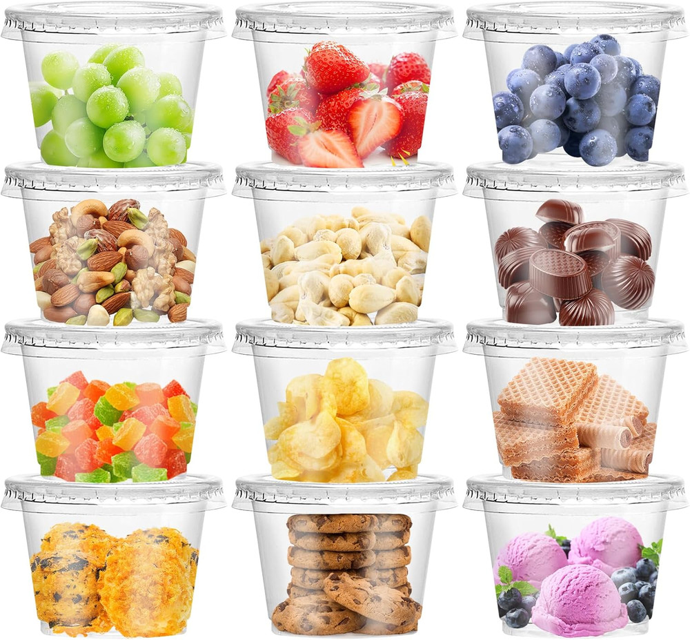 100 Pcs 8 OZ Disposable Plastic Cups with Flat Lids,Clear Portion Cups with Flat