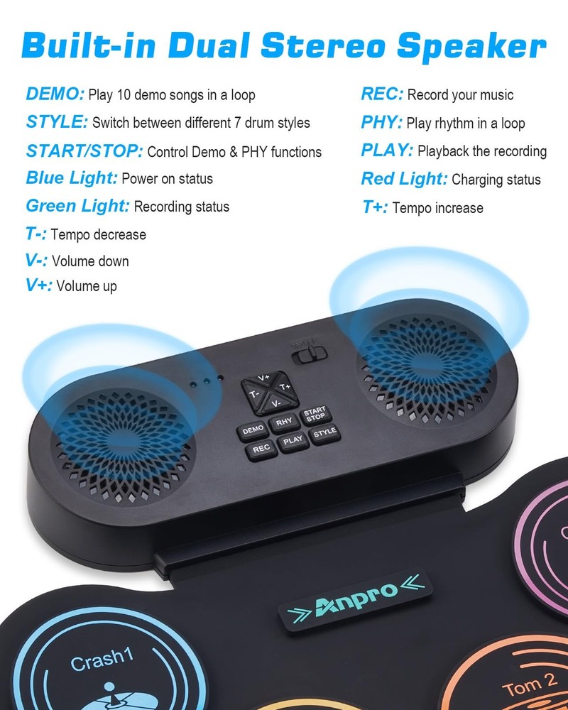 Anpro Electric Drum Set Bluetooth: 9 Pad 9 with Headphone Jack