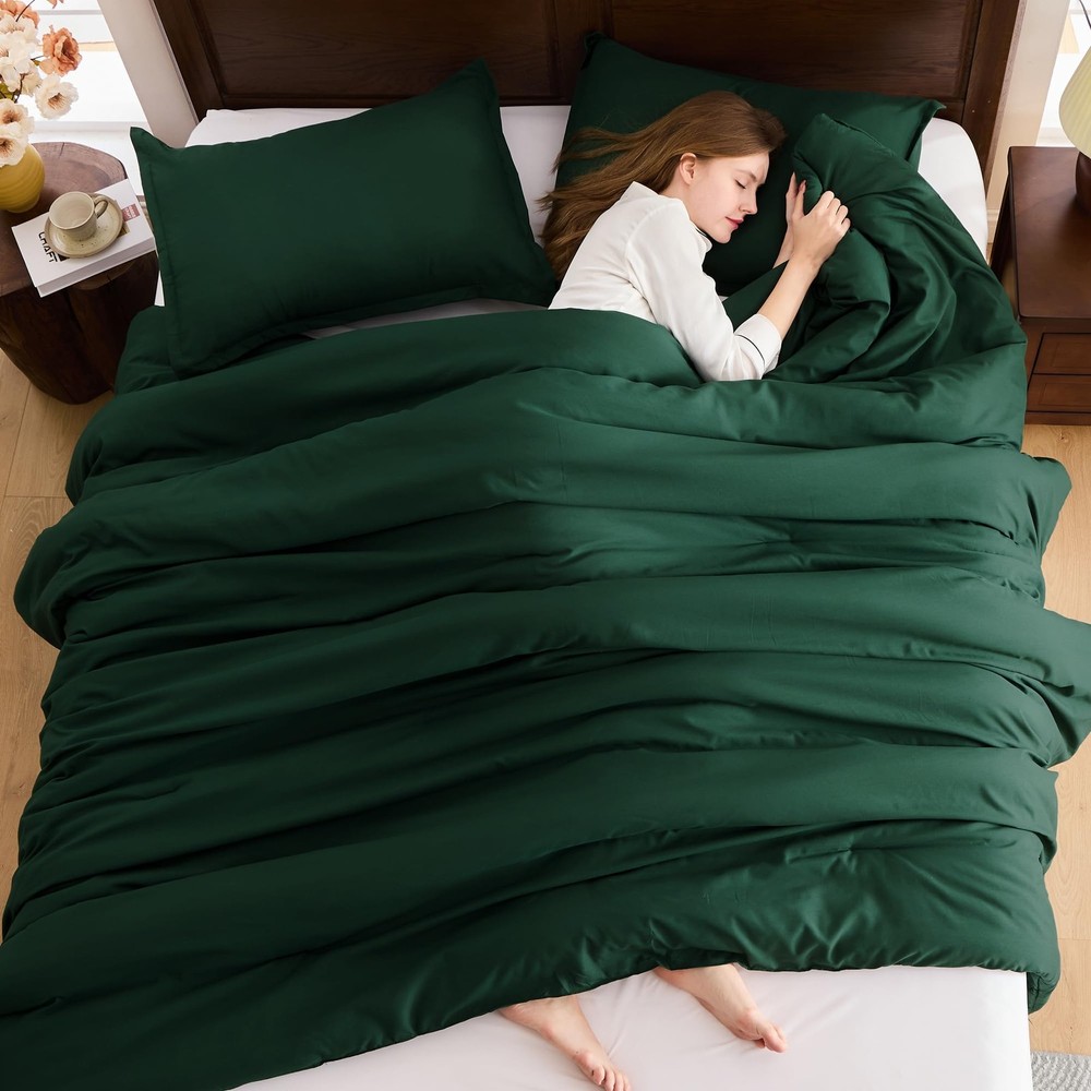 Dark Emerald Green Twin Size Comforter Set, 2 Pieces Boho Solid Bedding Comfo...