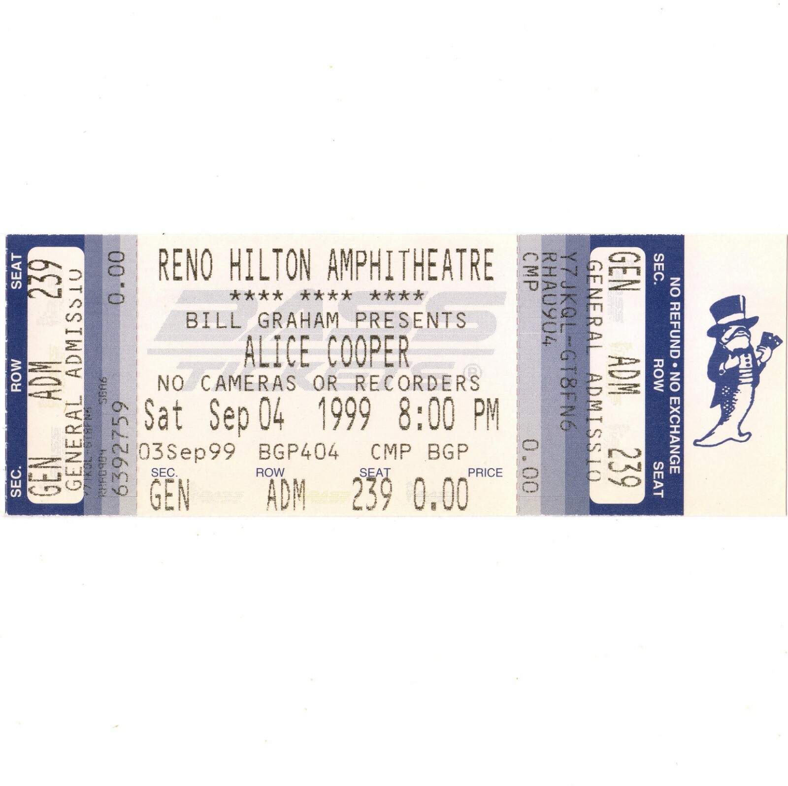 ALICE COOPER Full Concert Ticket Stub RENO NEVADA 9/4/99 LIFE & CRIMES OF TOUR