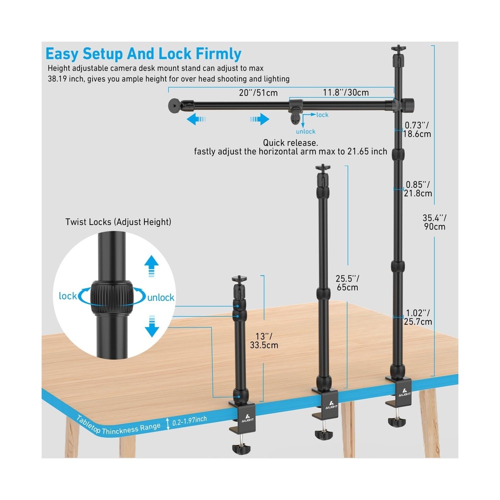 Overhead Camera Mount Table Stand with 2 Section Telescopic Arm, 13"-33" Adju...