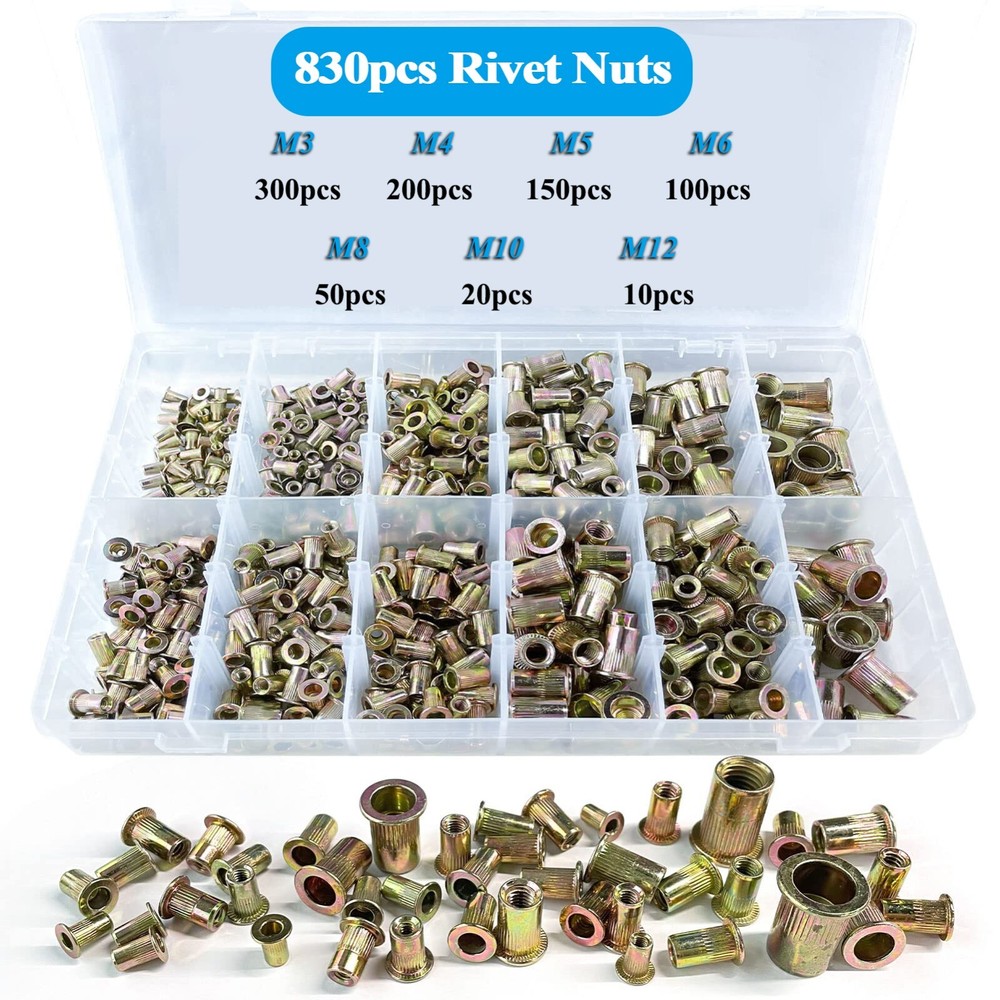 830Pcs Rivet Nuts M3 - M12 Carbon Steel Rivnut Insert Nutsert Threaded Flat Head