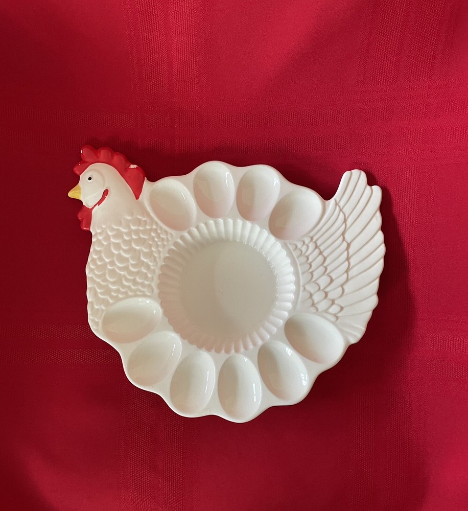 Chicken Hen Shaped Ceramic Deviled Egg Platter Dish Tray with Dip Holder Vintage