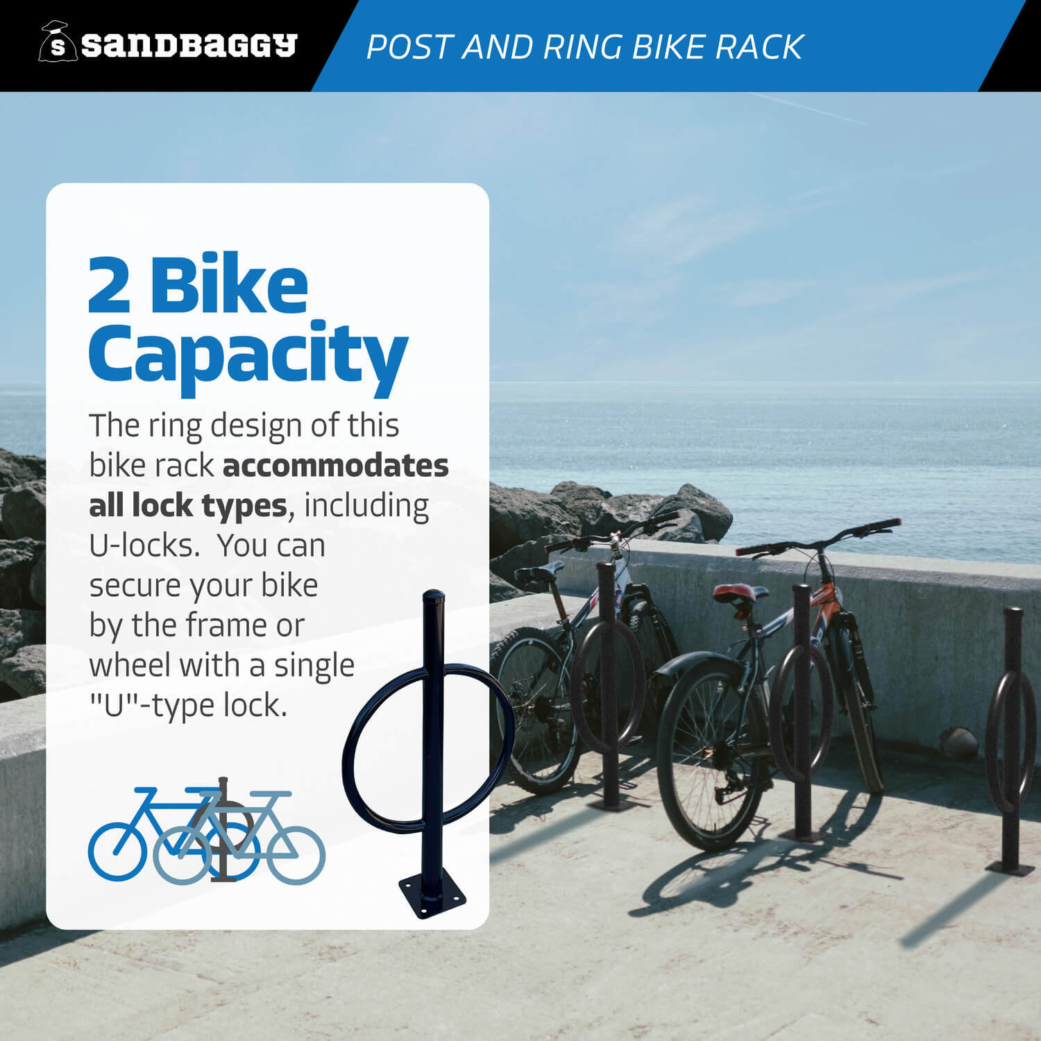 Sandbaggy Commercial Post and Ring Bike Rack - Surface Mount (2 Bike Capacity)