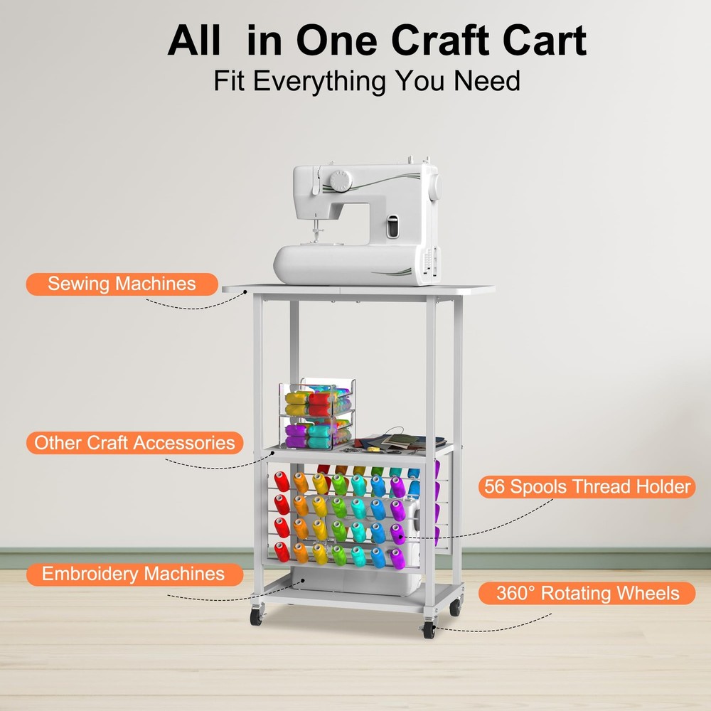 Rolling Craft Table with 56 Spools Thread Holder, 3 Storage Shelves, Portable...