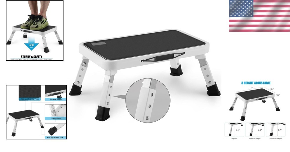 Height-Adjustable Folding Step Stool - Non-Slip, 330lbs Capacity, Compact Design